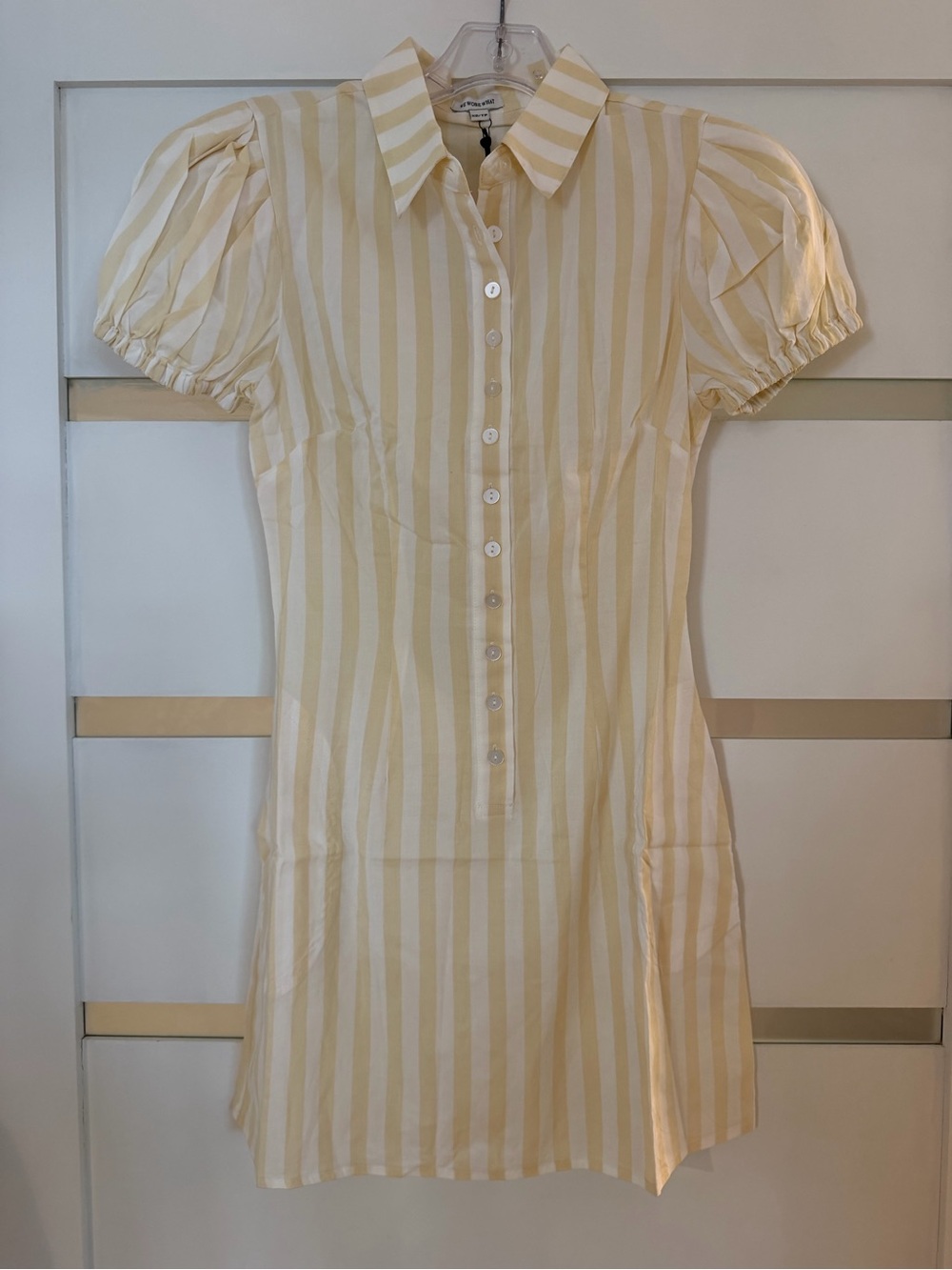 WeWoreWhat Cream and Yellow Striped Puff-Sleeve Mini Dress